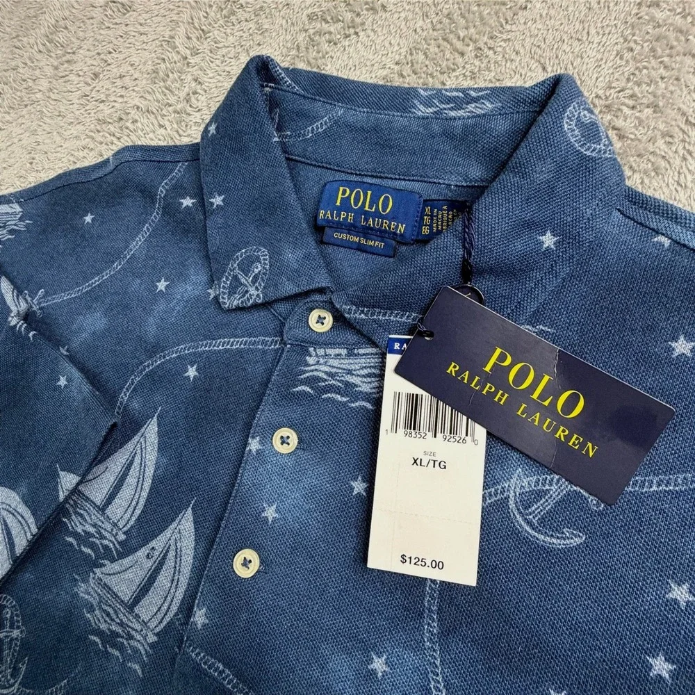 NWT Polo Ralph Lauren Mens XL Custom Slim Fit Nautical Sailboat Polo Shirt Blue